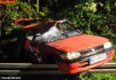 D: Fahrzeug landet nach Unfall auf Leitplanke