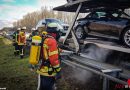 Deutschland: Feuerwehr kühlt heiß gelaufene Bremse an Autotransporter auf der BAB 5