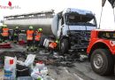 Oö: Feuerwehreinsatz und 18 km Stau nach Unfall mit drei Lkw auf der A1