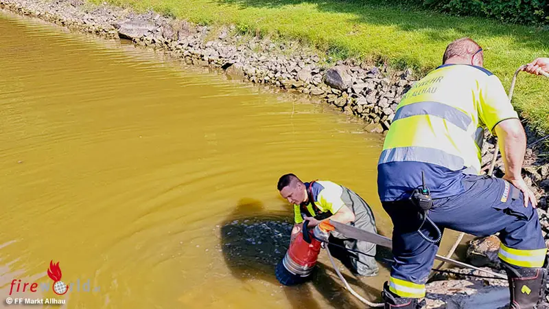 Bgld-Fischteich-in-Markt-Allhau-drohte-auszutrocknen-Feuerwehr-und-Fischer-retten-Fische